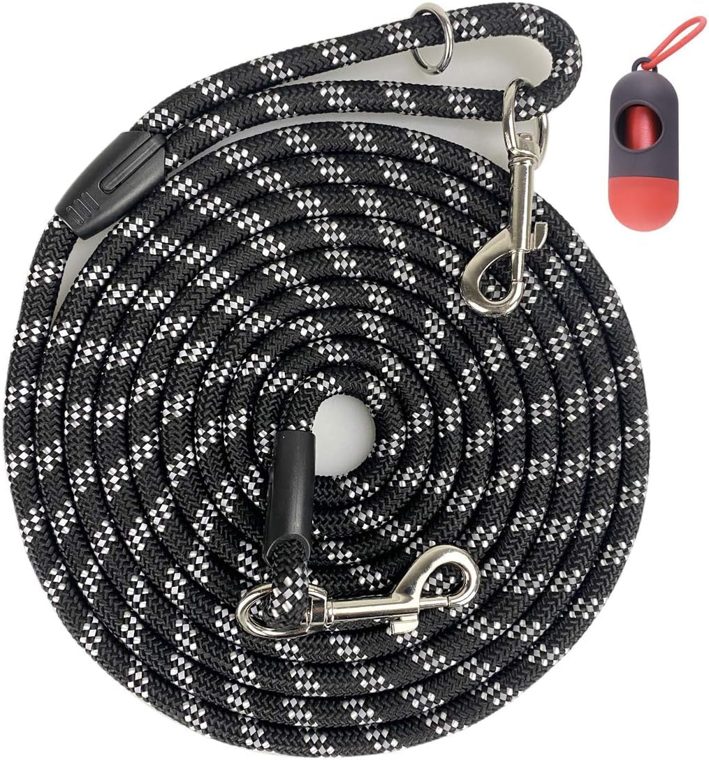 Long Rope Dog Leash for Dog Training 12FT 20FT 30FT 50FT, Reflective Threads Dog Leashes Tie-Out Check Cord Recall Training Agility Lead for Large Medium Small Dogs (Black, 10Mm*12Ft)